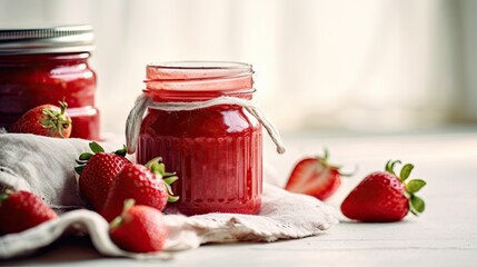 K&ouml;stliche, selbstgemachte Bio-Erdbeermarmelade in Einmachgl&auml;sern auf einem wei&szlig;en Holztisch mit Erdbeeren, Generative AI