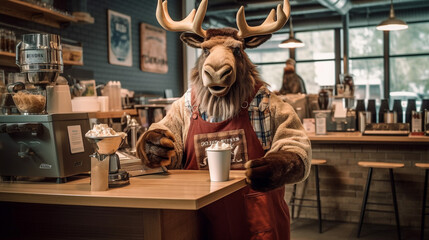 Reindeer dressed as a barista serving coffee.Generative Ai.