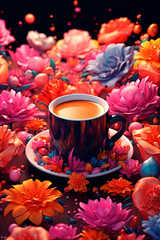Obraz na płótnie Canvas A cup of coffee with a bunch of flowers. Generative AI