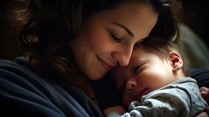 A newborn baby smiles at their mother, expressing joy.