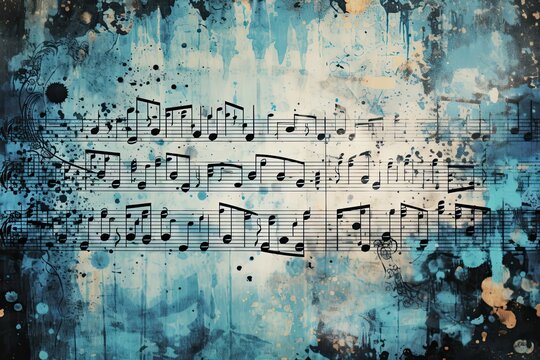 Blue Melodic Notes on Grunge Music Background - A Decorative and Musical Line of Melody: Generative AI © Serhii