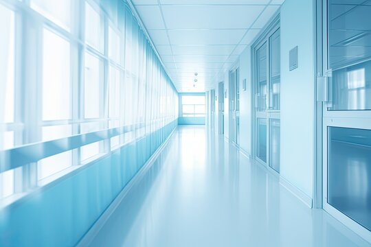 Blurred Image Background of Hospital Corridor with Soft Blue Tones for Medical Care Concept. Generative AI