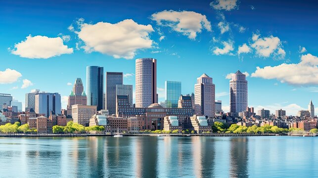 Boston Financial District Skyline with Downtown and Banks in the Background. A View of the City's Economy and Business Landscape: Generative AI