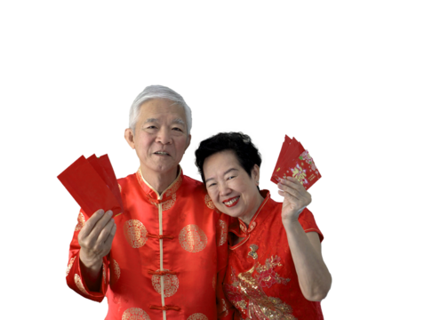 Asian senior couple greeting celebrating chinese new year red envelop giving rich