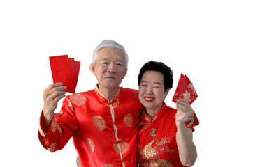 Asian senior couple greeting celebrating chinese new year red envelop giving rich