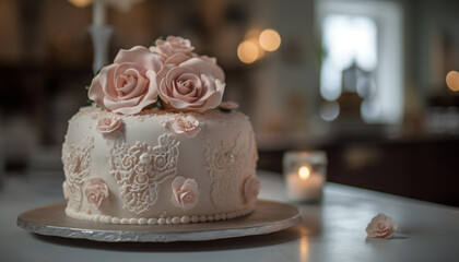 Obraz na płótnie Canvas Elegant wedding cake with chocolate icing and flowers generated by AI