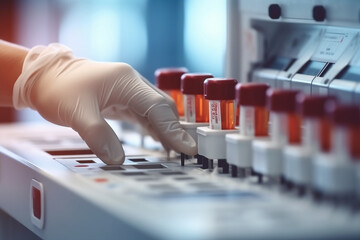 Pharmacist using blood test equipment in hospital background.Generative Ai. - obrazy, fototapety, plakaty