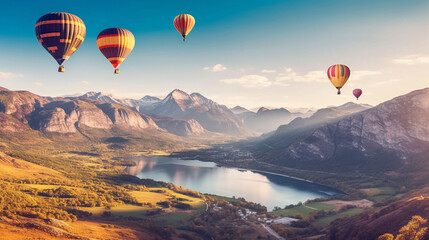 Colorful hot air balloons float over mountain with blue sky.Generative Ai.