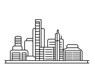 Obraz premium Vector city, town and countryside illustration in linear style - buildings, skyscrapers, churches, parks, factories