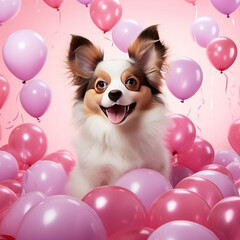 Fototapeta na wymiar A photorealistic image of a Papillon puppy surrounded pink love-shaped balloons