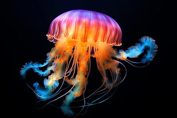 Huge jellyfish glows in the depths of the sea.Generative Ai.