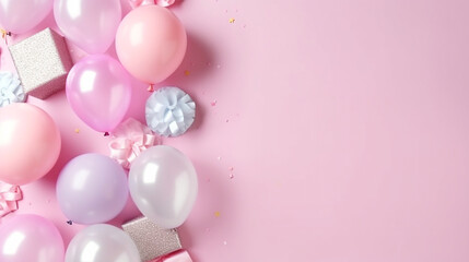Pastel pink background with colorful balloons,copy space,birthday or party greeting card.Generative Ai.