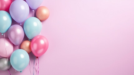 Fototapeta na wymiar Pastel pink background with colorful balloons,copy space,birthday or party greeting card.Generative Ai.