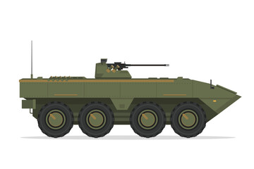 Armored personnel carrier. Vector element flat style illustration. Side view. Isolated APC on white. Military Vehicle