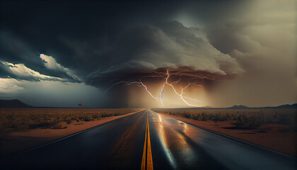 Storm clouds and lightning over a long highway. Deserted road with thunderstorm approaching. Menacing landscape Ai generated image