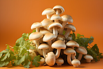 A group of white edible mushrooms freshly harvested ready to be prepared for a meal on a seamless orange background. Generative AI technology