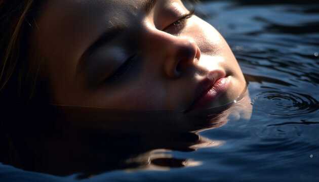 A beautiful woman smiles in serene pool reflection generated by AI