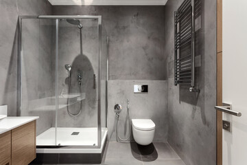 bathroom with grey tones and luxury design at apartment - obrazy, fototapety, plakaty