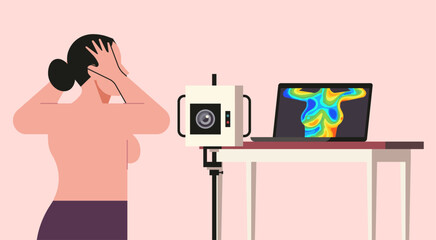 Early Breast Cancer Screening and Prevention through Non-Invasive Digital Infrared Thermography for Female Patient with Human Body Temperature Scan on Laptop, Vector Flat Illustration