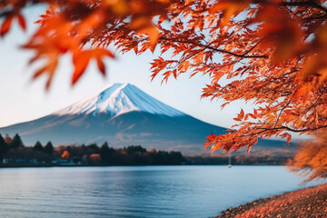 Colorful autumn leaf spring with fuji mountain background.Generative Ai.