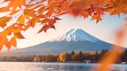 Colorful autumn leaf spring with fuji mountain background.Generative Ai. - obrazy, fototapety, plakaty