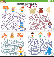 find the way maze games set with cartoon characters