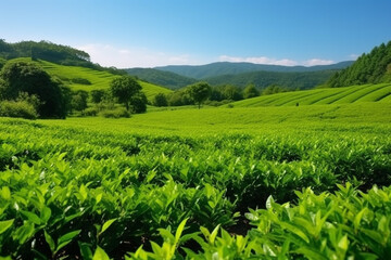 Fototapeta na wymiar Green Tea field plantation with beautiful wide angle with blue sky.Generative Ai.