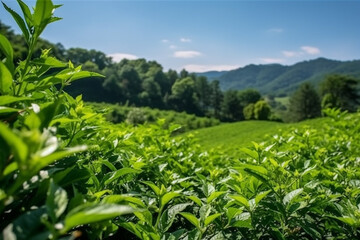 Green Tea field plantation with beautiful wide angle with blue sky.Generative Ai.