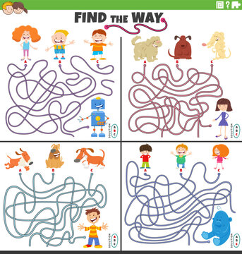 find the way maze games set with cartoon characters