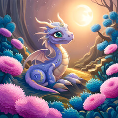 Fototapeta na wymiar Cartoon illustration of baby dragon for books or other documents for children, created by AI Generator