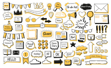 Journal doodle icons set. Hand drawn banners and elements for notebook, diary and planner. Doodle scribble style. Vector illustration