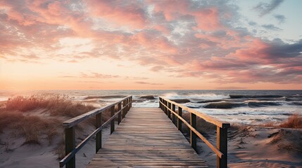 The small wooden bridge over the beach in a sunset