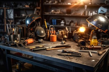 photo welding workplace desk with stuff and equipment