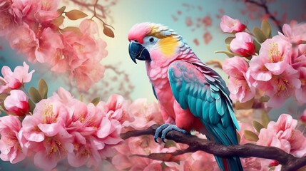 Beautiful parrot on a branch with pink flowers.Generative Ai. - obrazy, fototapety, plakaty