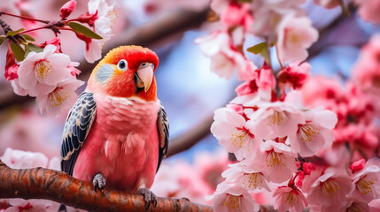 Fototapeta premium Beautiful parrot on a branch with pink flowers.Generative Ai.