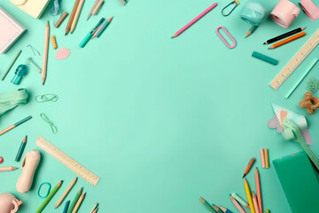 Generative AI illustration of School supplies, pencils, pens, paints, notebooks in brightly colored backgrounds