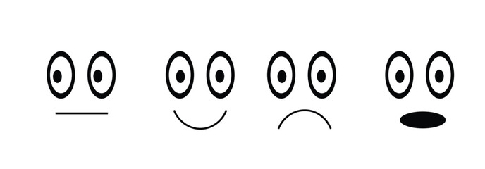 Cartoon faces. Expressive eyes and mouth, smiling, crying and surprised character face expressions. Caricature comic emotions or emoticon doodle. Isolated vector illustration icons set	