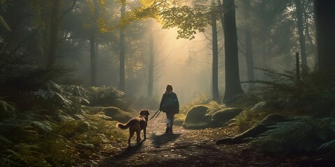 Girl walks with a sheepdog in the morning in the forest. Concept of Nature Bonding, Forest Explorer and Calming nature. Created with generative AI tools