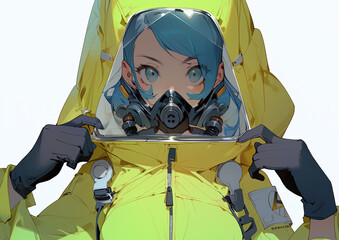 attractive anime cartoon girl wearing futuristic protective space hazmat suit . Generative AI