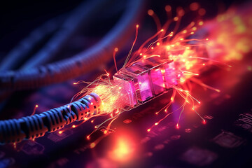 Connecting  internet with colorful fiber optic cables.Generative Ai.