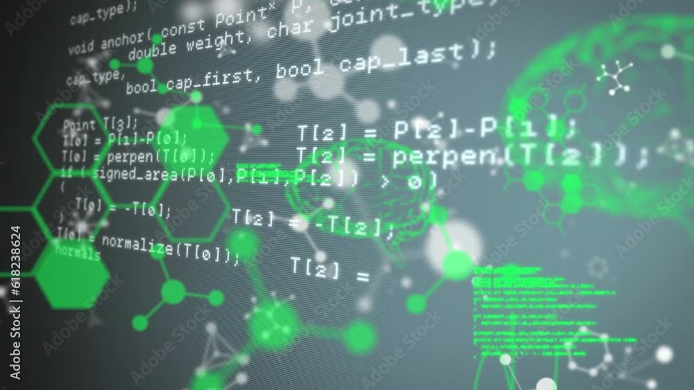 Poster animation of human brains and scientific data processing on dark background