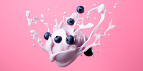 yogurt or milk splash with blueberries isolated on pink background