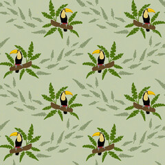 Seamless repeating pattern textured toucans on branches. Background with textured dots. Stylized rustic wallpaper. Hand drawn birds and palm leaves. Tropical vibes.