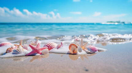 Landscape with shells on tropical beach. Generative AI