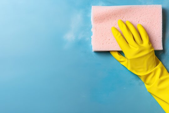 Clean Surface. Employee in Protective Glove Wiping Dust Off Pastel Pink Wall with Blue Rag. Commercial Cleaning Service Concept. Copy Space Available. Generative AI
