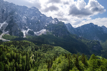 Fototapeta na wymiar Alpine mountains landscape. Aerial drone view Beauty in nature. Italian Alps