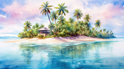 Obraz na płótnie Canvas A Watercolor Painting of Tropical Island Beach with Palm Trees, Crystal Clear Water of the Sea.