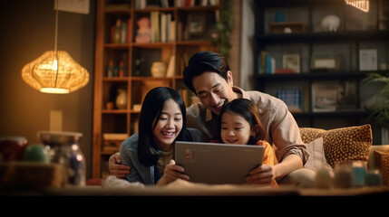 Activity of Happy Asian Family Using Laptop Tablet for Playing Game, Watching Movies, Relaxing at Home.