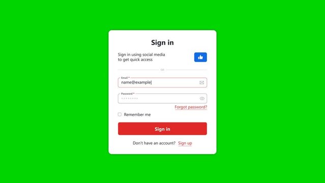 Sign in Form Screen Animation. Website page with fields Email and Password. Animated template for UI Design. Green Screen. 4k Video