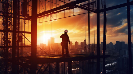 A Silhouette Worker on Construction Background, with Tower Crane Background at Construction Site and City Silhouette Sunset Background.